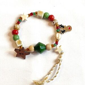 Whimsical Christmas Bracelet Red & Green Reindeer Wood Star Stretchy